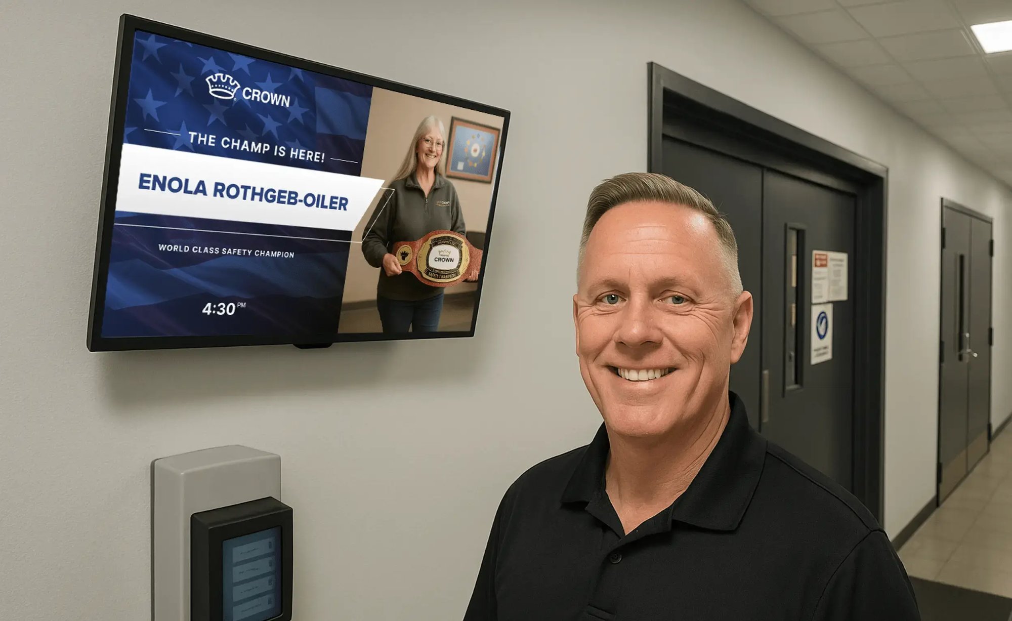 A male standing next to a digital display about a manufacturing company