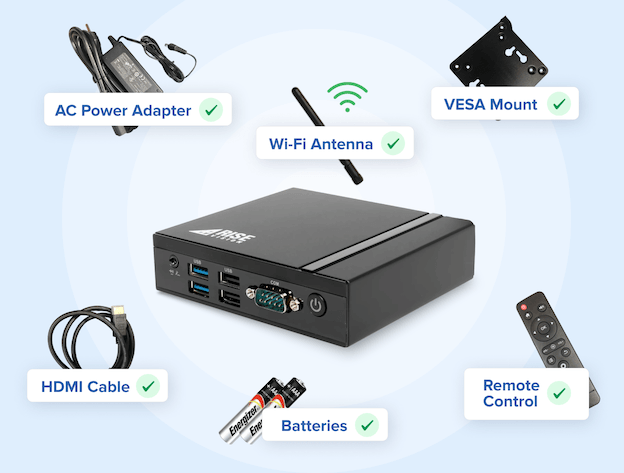 Rise Vision media player with in the box accessories displayed