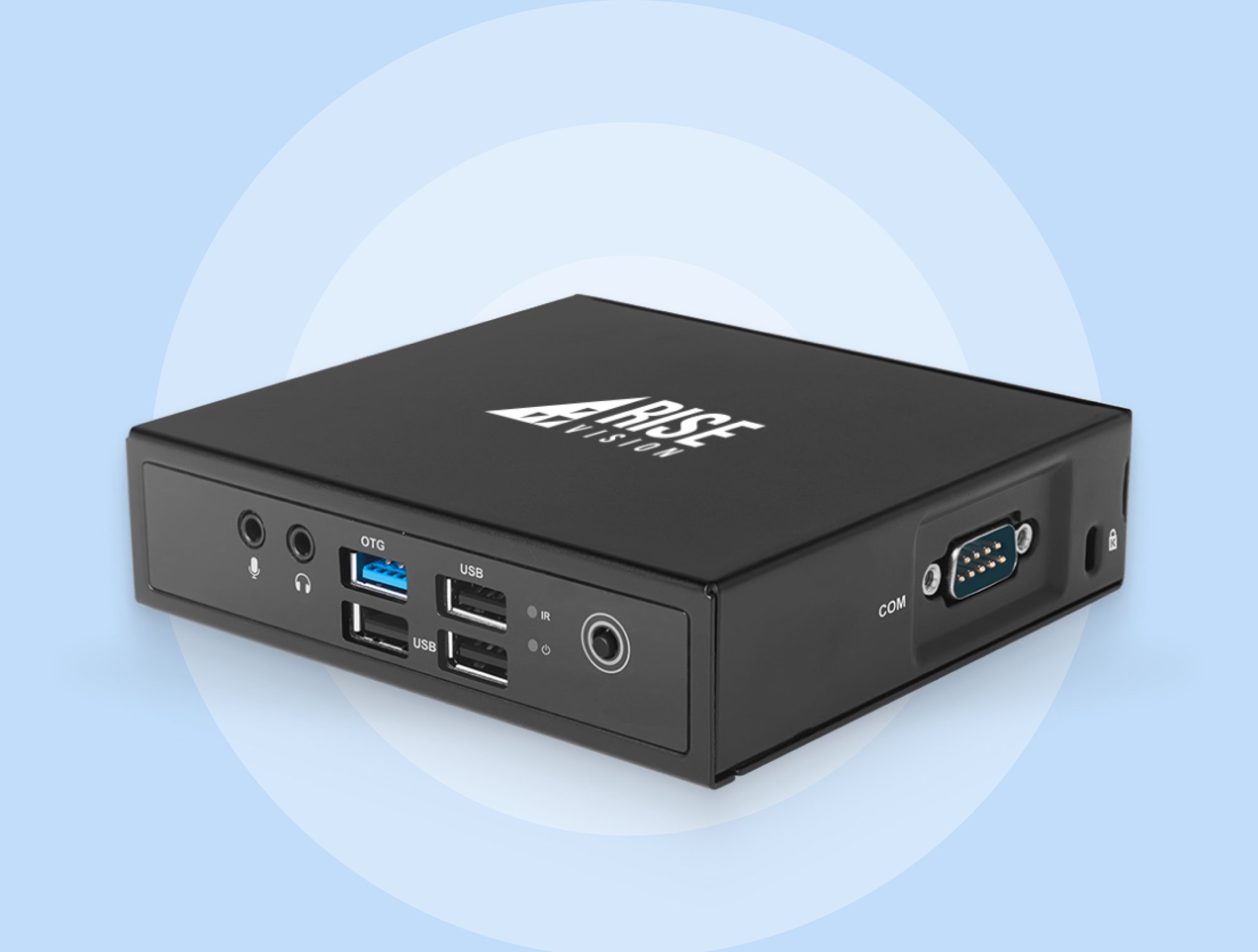 Rise Vision Media Player device on a blue background