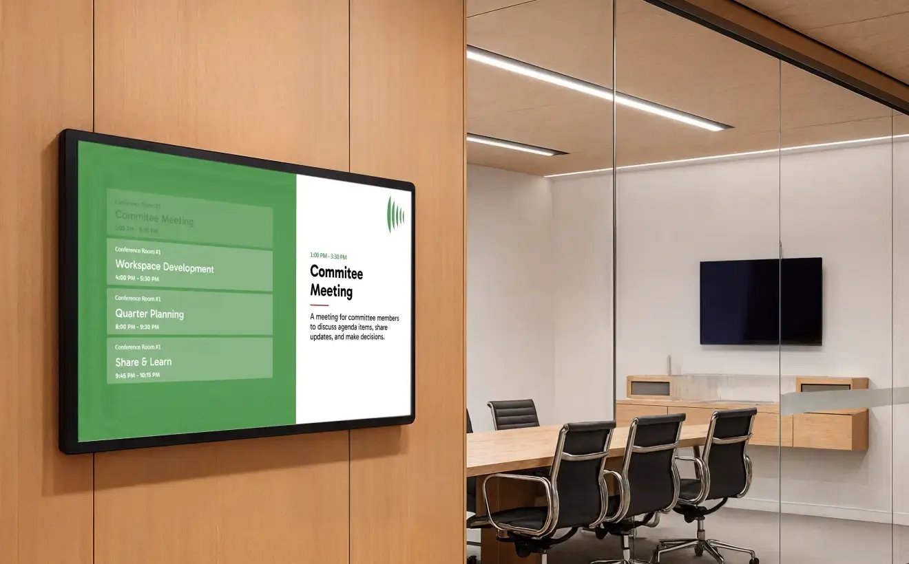 Office conference room with a large digital display signage on mounted on the outside wall