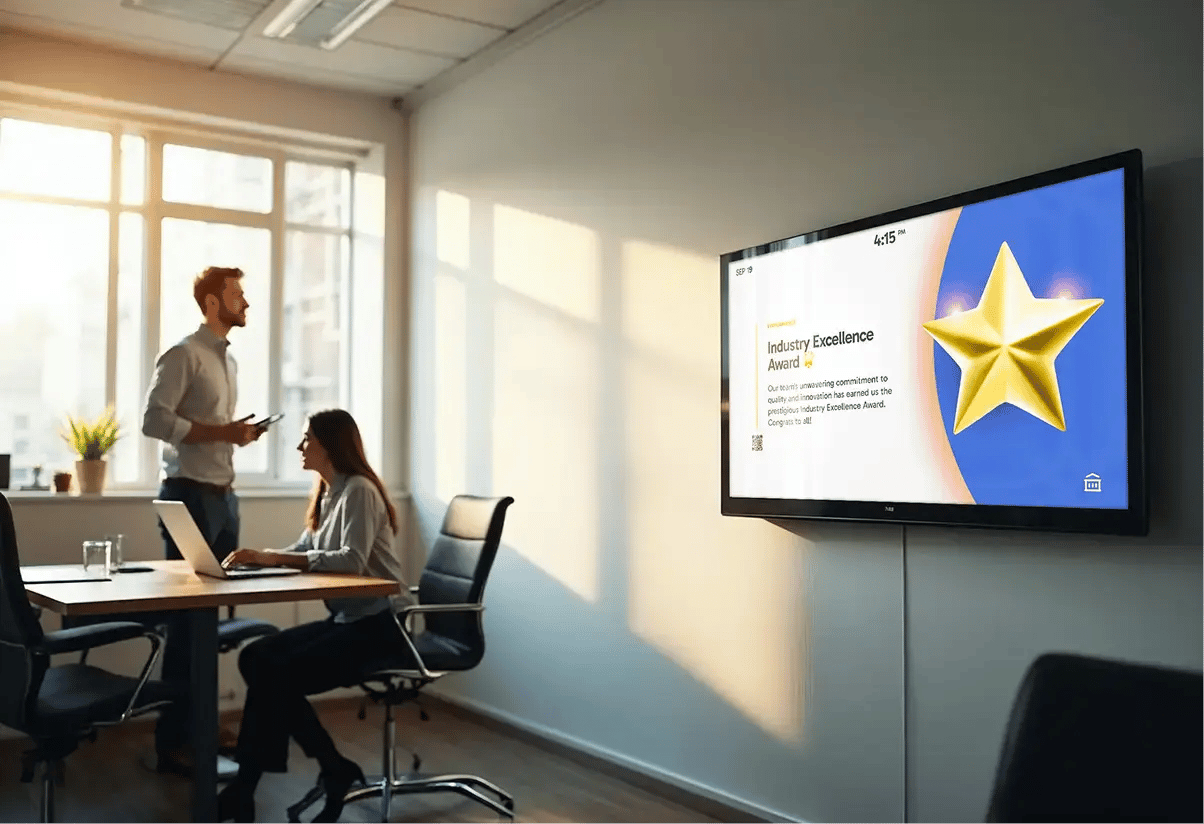 Corporate office setting with a male and female colleagues viewing digital signage mounted on the office wall