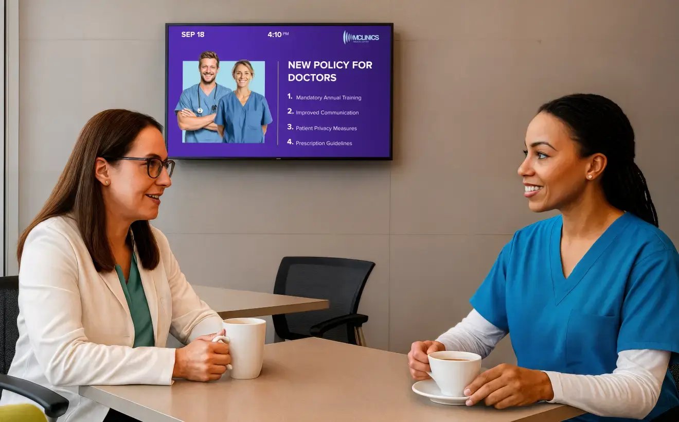 A female doctor and female nurse sitting in a hospital cafeteria and drinking coffee with a tv display signage in on the wall