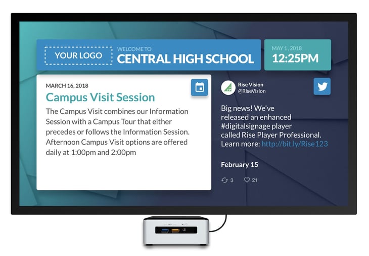 Digital signage template - insert logo, announce upcoming events. School Social Media How to Build and Engage Your K-12 Audience and Keep Students and Staff Informed