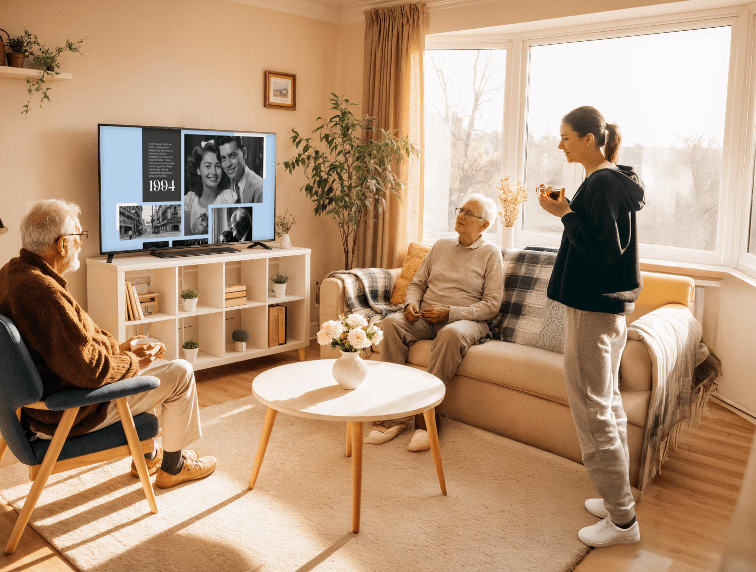 A nurse standing with 2 seniors in a long term care facility looking at digital sigange