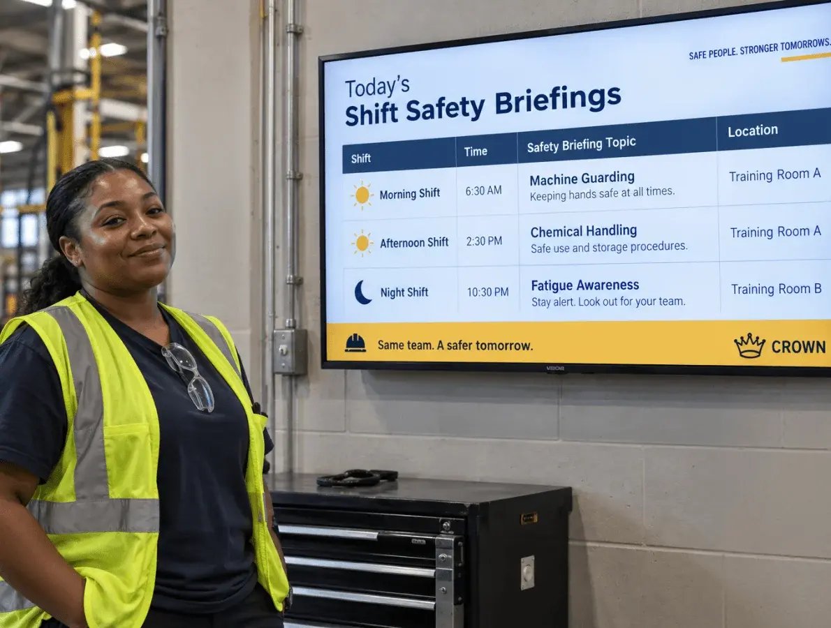Shift-Specific Safety Briefings with a woman in a factory, standing beside a signage