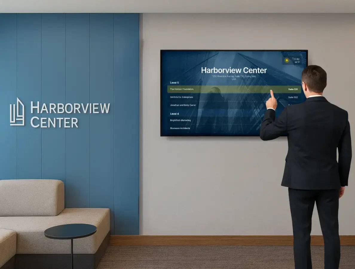 A man in a suit touching an interactive directory display in an office