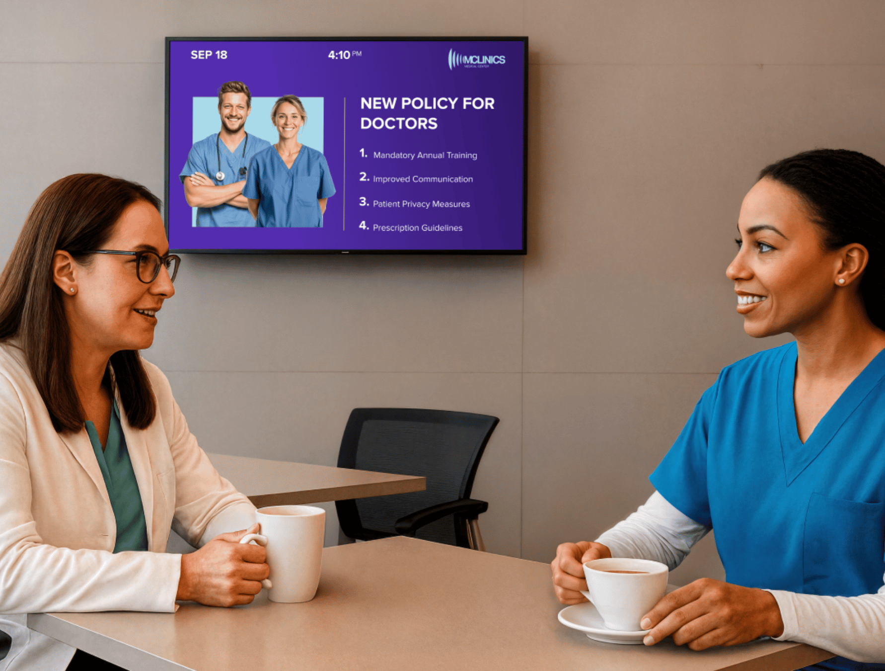 A female doctor and female nurse sitting in a hospital cafeteria and drinking coffee with a tv display signage in on the wall