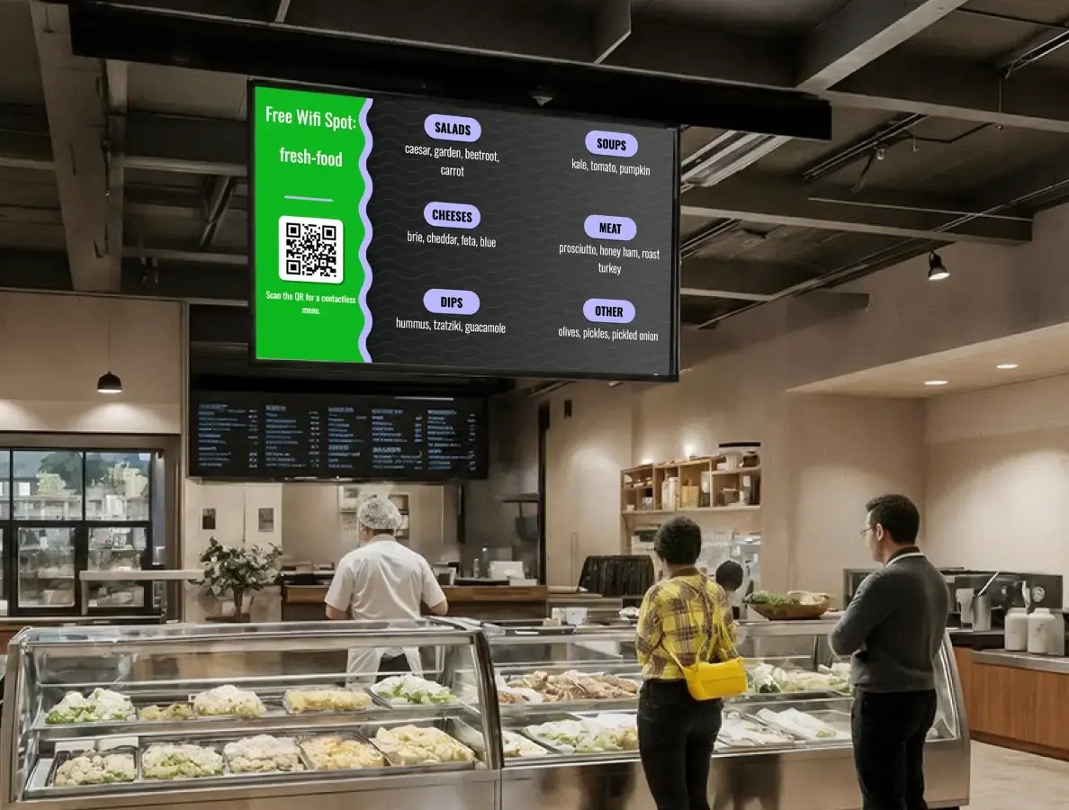 Supermarket menu boards displaying a QR code