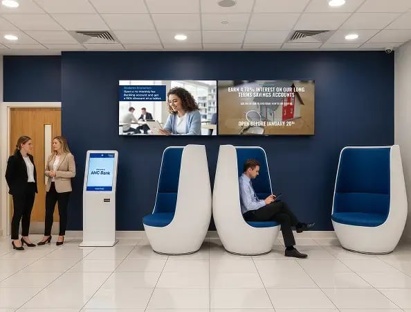 Targeted financial service promotions on digital signage displays in a bank