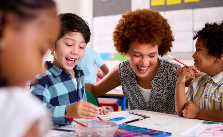 Teacher and students happy interaction