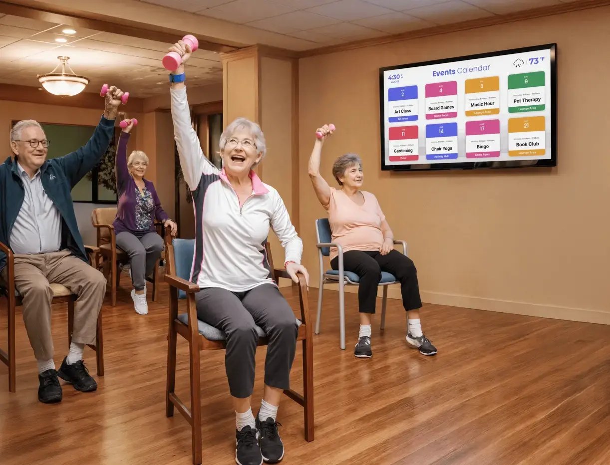 seniors exercising on their chairs in a senior living facility with digital signage