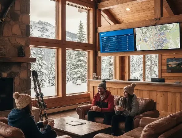 A male and female couple sitting opposite of another female on leather couches in a cottage with digital displays in the lobby