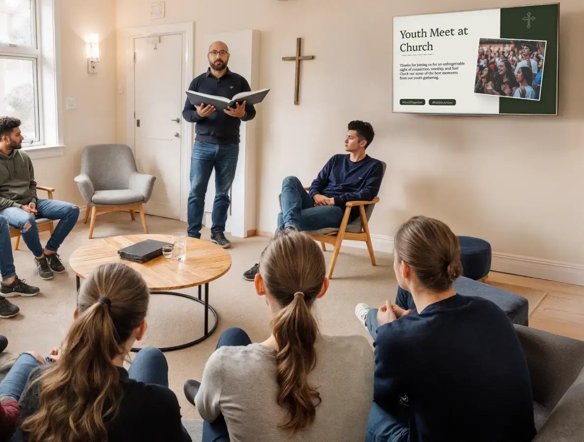 Youth sermon group with digital signage