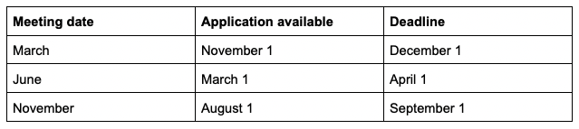 March meeting date application available Nov 1 with a deadline of Dec 1. June meeting date application available Mar 1 with a deadline of April 1. November meeting date application available Aug 1 with dealined of Sep 1.