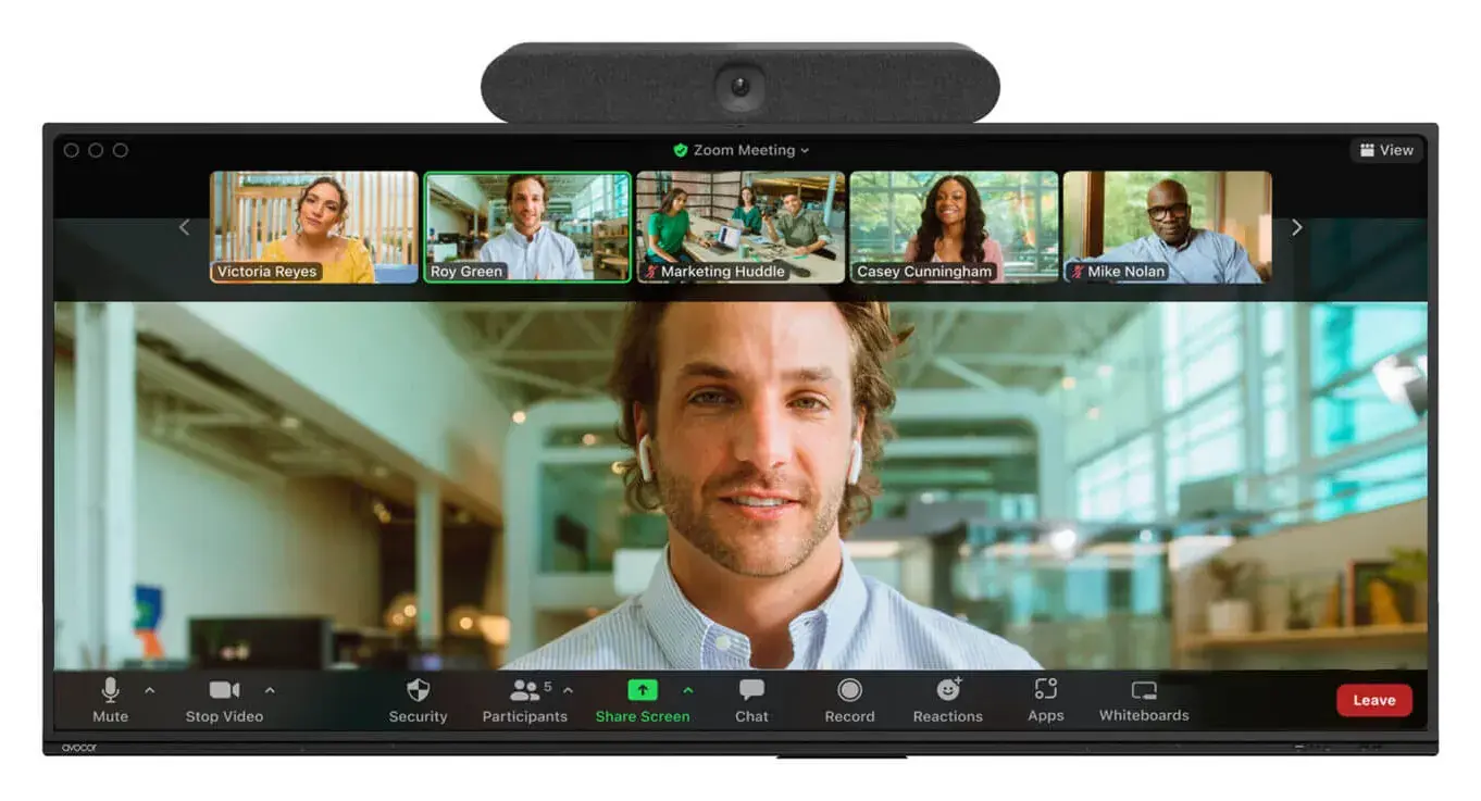 Avocor E92 ultra-wide display running a Zoom meeting