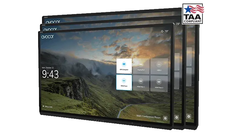 Avocor G Series interactive displays with a TAA Compliant badge