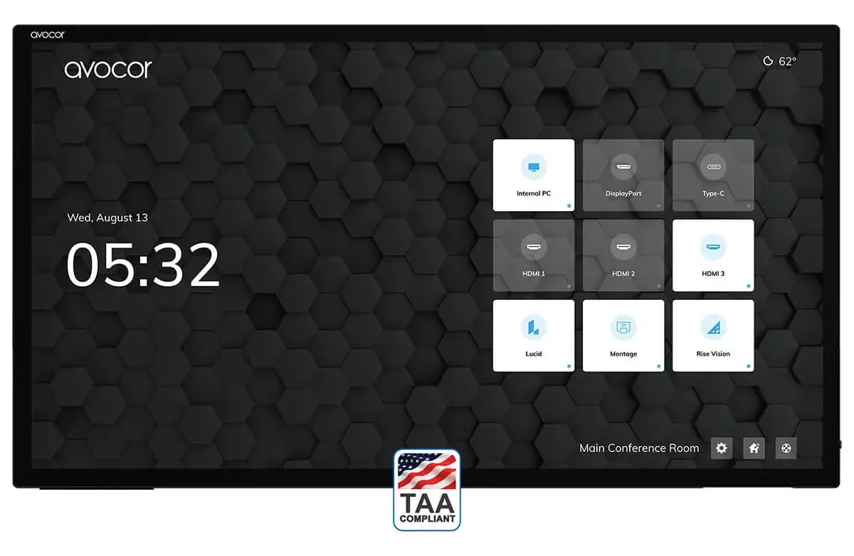 Avocor H Series interactive display home screen with input sources and the Rise Vision app