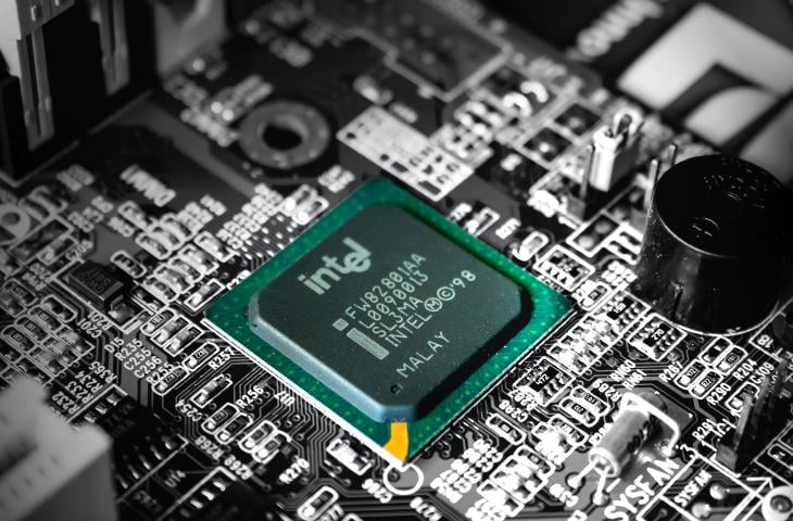 A close-up of an Intel computer processor.