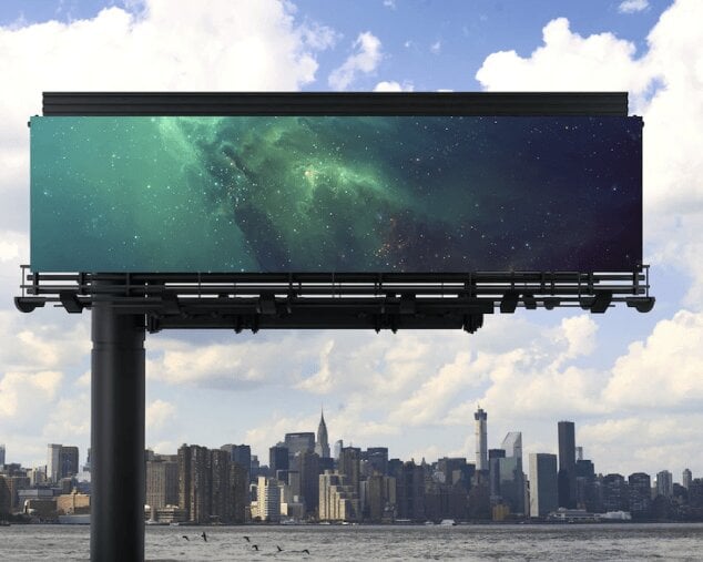 Digital signage displayed on the city skyline.