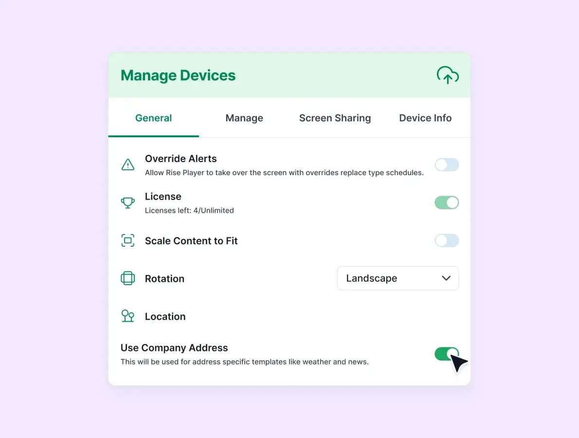 Rise Vision Manage Devices settings for cloud-based device management, a ClickShare alternative