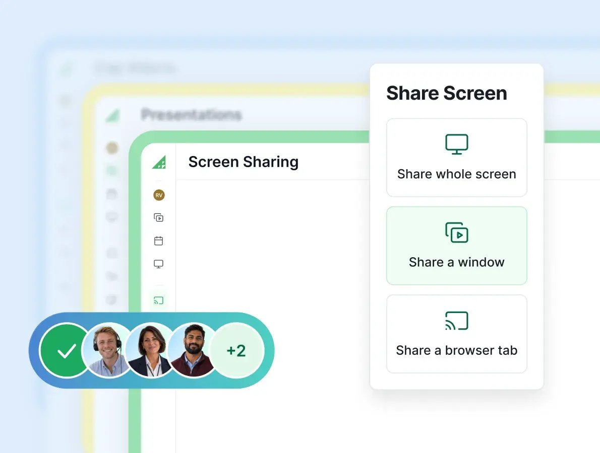 Rise Vision Share Screen menu with whole screen, window, and browser tab options, a ClickShare alternative