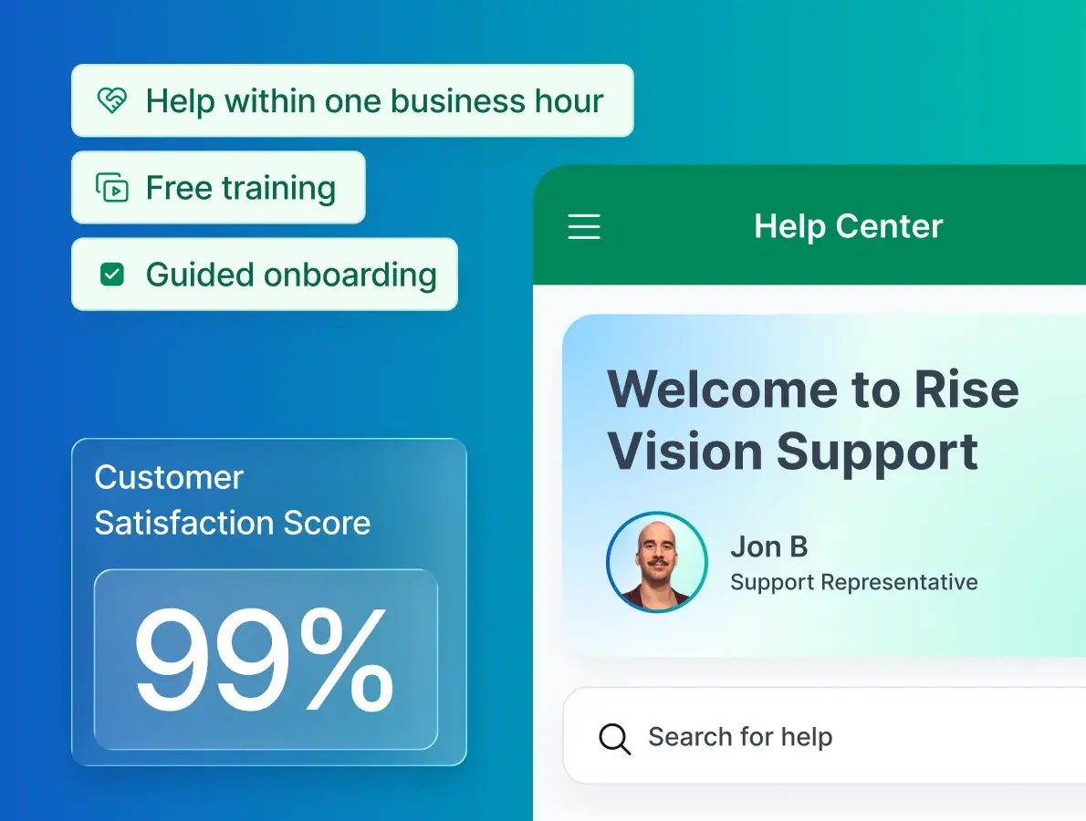 Rise Vision support with help within one business hour and a 99% satisfaction score, a ClickShare alternative