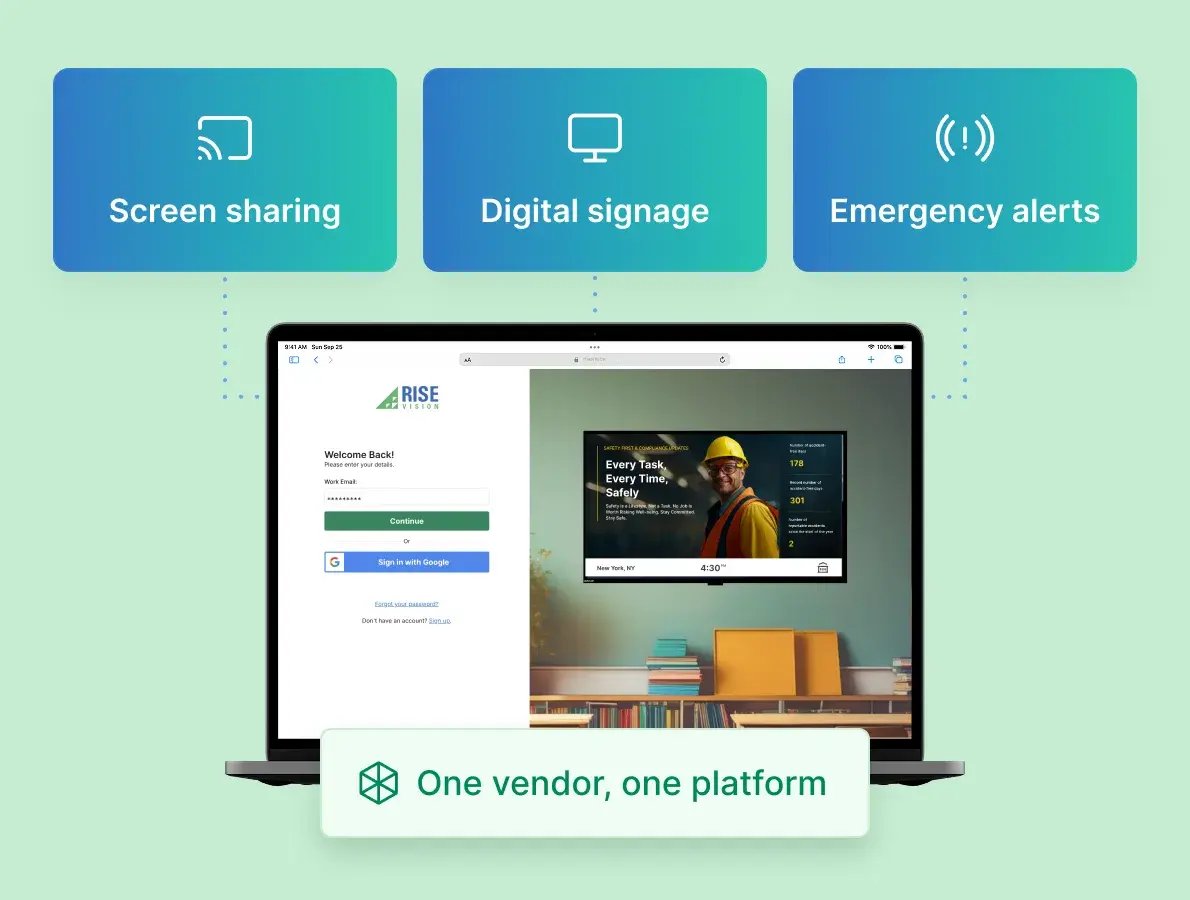 Rise Vision screen sharing, digital signage, and emergency alerts on one platform, a ClickShare alternative
