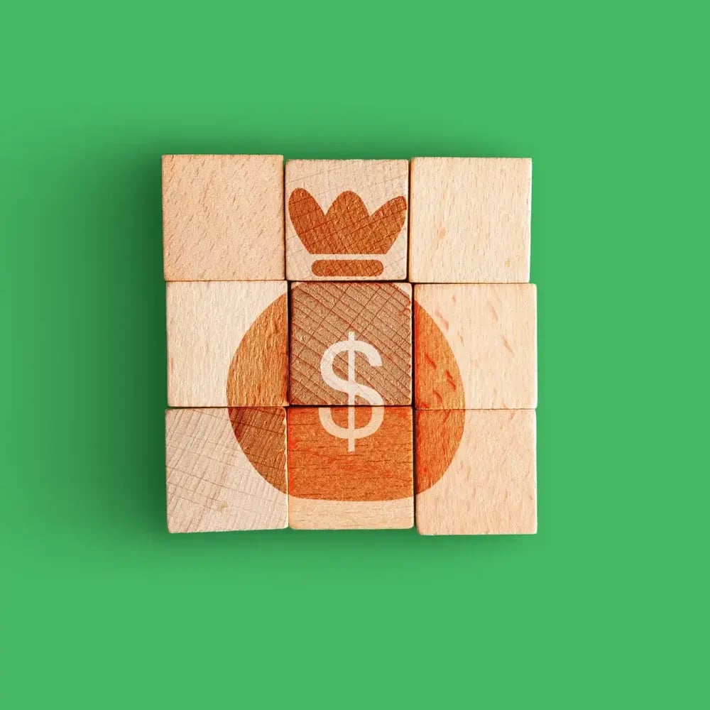 Wood bricks with a money bag image
