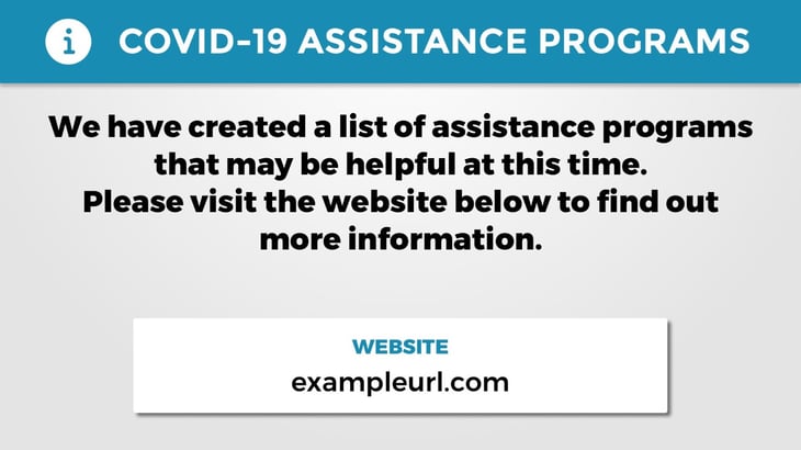 A sign to share COVID-19 assistance programs with your audience.