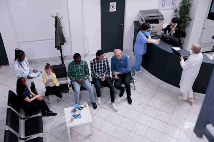 People waiting in line at a dental clinic.