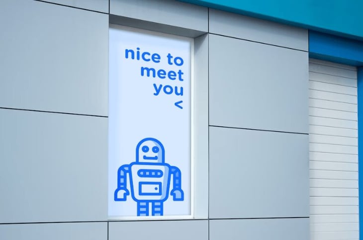 Digital signage with robot graphic and text. 