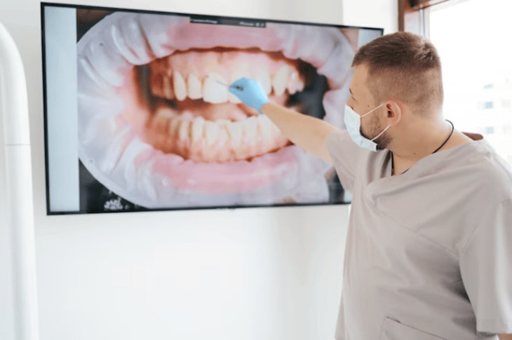 A dentist looking at a photo of a patient’s teeth on a digital screen.