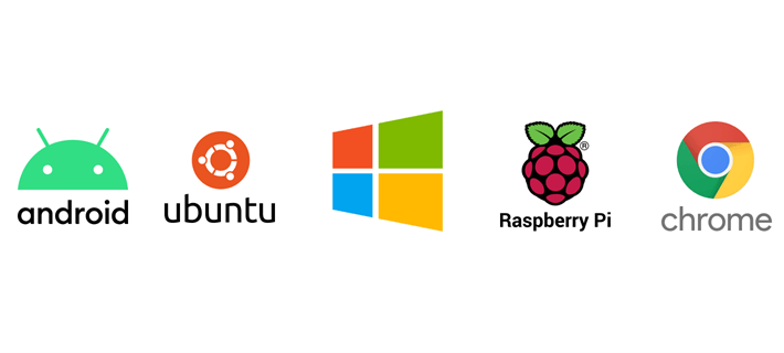 Logos for the Ubuntu, Android, Chrome OS, Windows, and Raspberry Pi digital signage player operating systems.