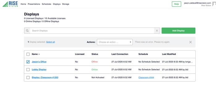 A dashboard showing the status of a digital signage network