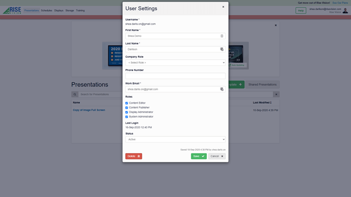 The user admin panel of digital signage software