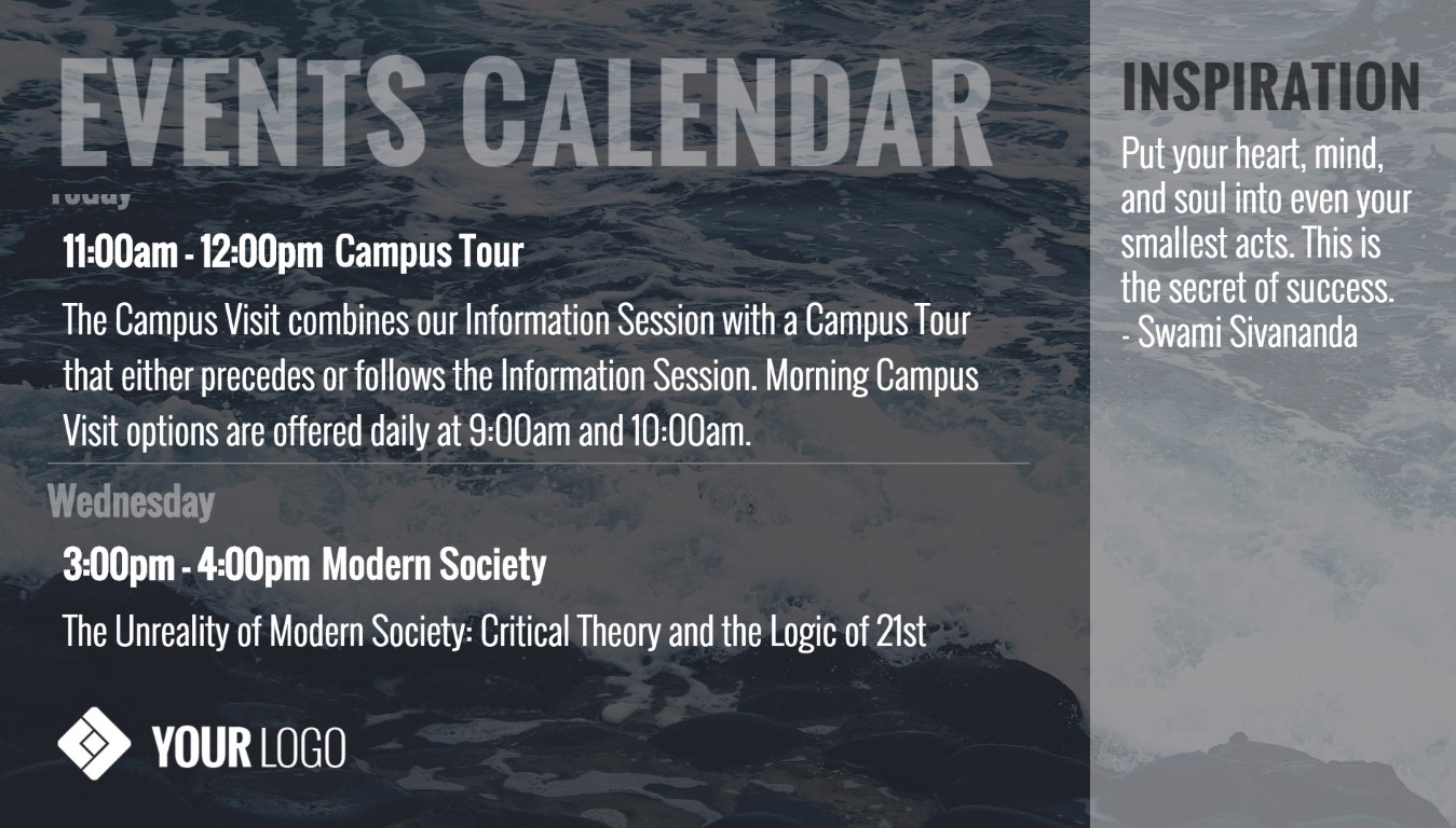 Events calendar partitioned with inspirational quote area on right side of screen events calendar digital signage template