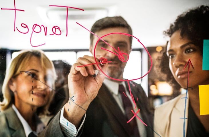 A team of office workers setting goals and targets on a whiteboard.