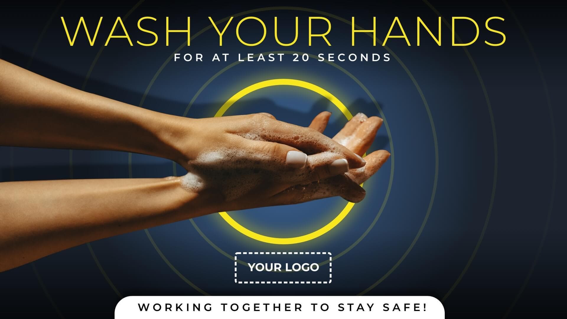 Digital signage showing a message to wash your hands for at least 20 seconds