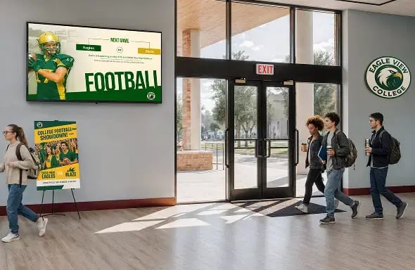 A group of college students walking by a digital display about the univeristy football team