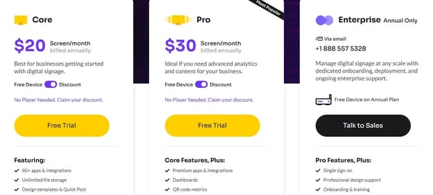 ScreenCloud pricing page showing Core, Pro, and Enterprise plans