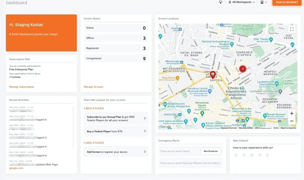 Yodeck dashboard showing screen status, subscription plan, screen locations map, and emergency alerts panel