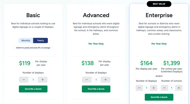 Rise Vision pricing page showing Basic, Advanced, and Enterprise plans per display per year