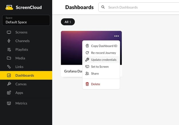 Screencloud dashboard with the dashboard section open in the left hand menu
