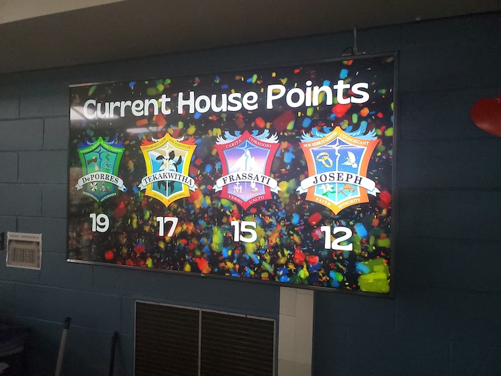 Digital signage at Lansing Catholic High School showing Current House Points