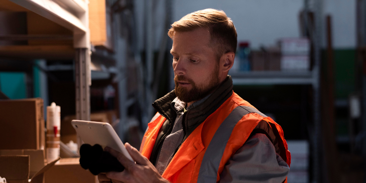 A man holding a tablet in the warehouse.
