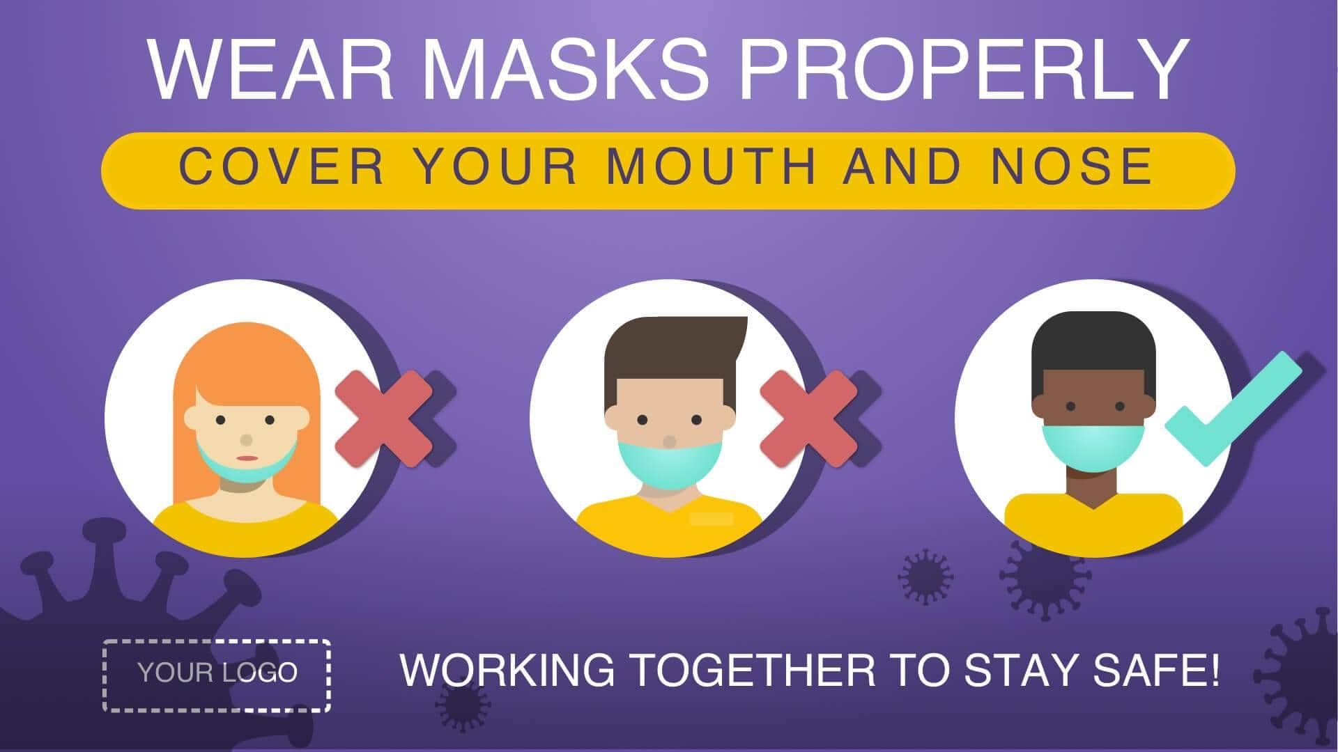 Digital signage showing a message on how to wear masks properly.