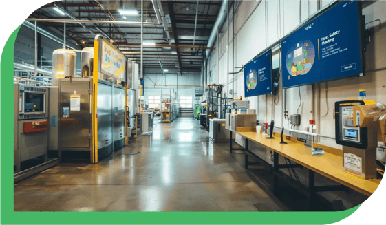 Two digital scoreboards in a manufacturing facility showing key information for the next safety meeting