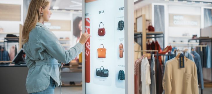 A woman looking at clothing products on a digital signage screen.