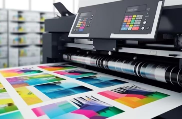 A commercial printer printing images on a sheet of paper.
