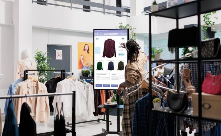 A man looking at content in a digital signage in a retail store.